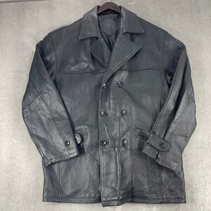 R&R Mens Large Black Leather Jacket Double Breasted Pea Coat SKU 6262